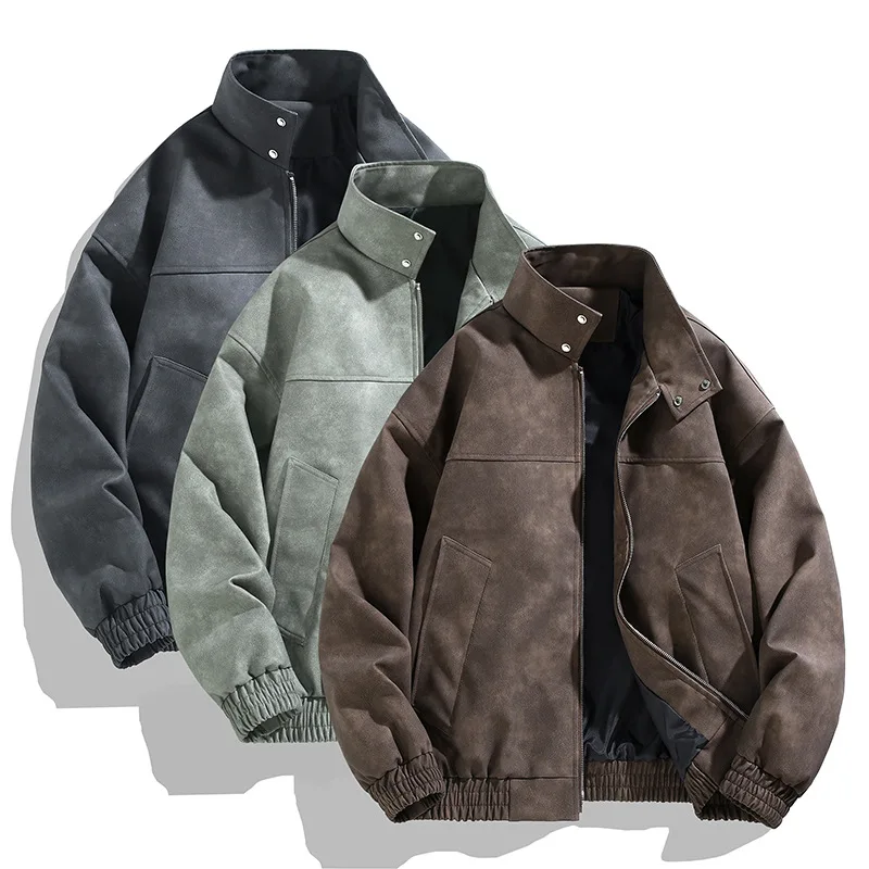 

Loose Men's Leather Jacket Autumn Fashion Brand Black Grey Coffee Camel Grey Simple Style Double-sided Fake Leather Coat