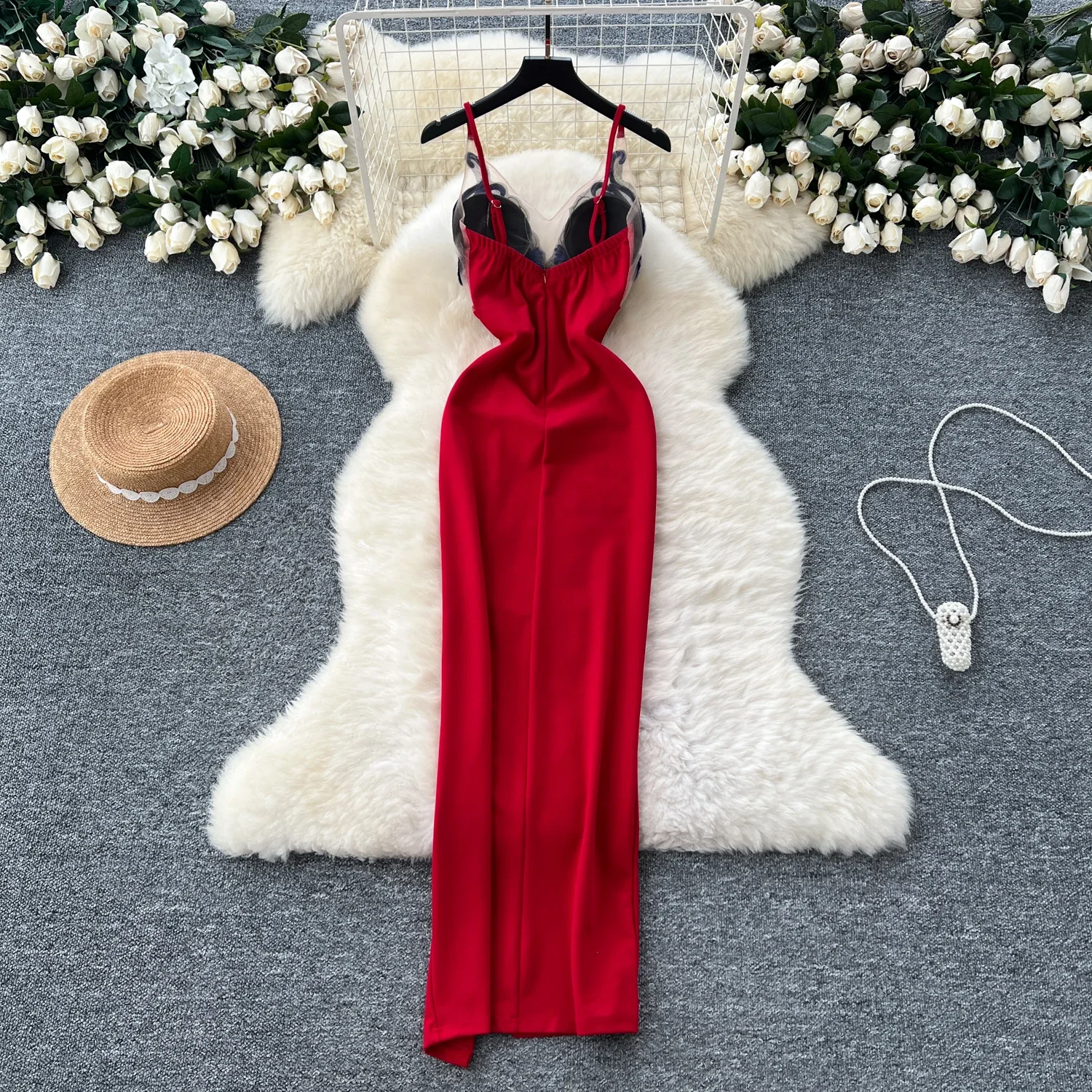 Elegant V-neck Vintage Embroidered Spliced Chic High Waist Split Slim Straps Dresses French Evening High Street Summer Clothing