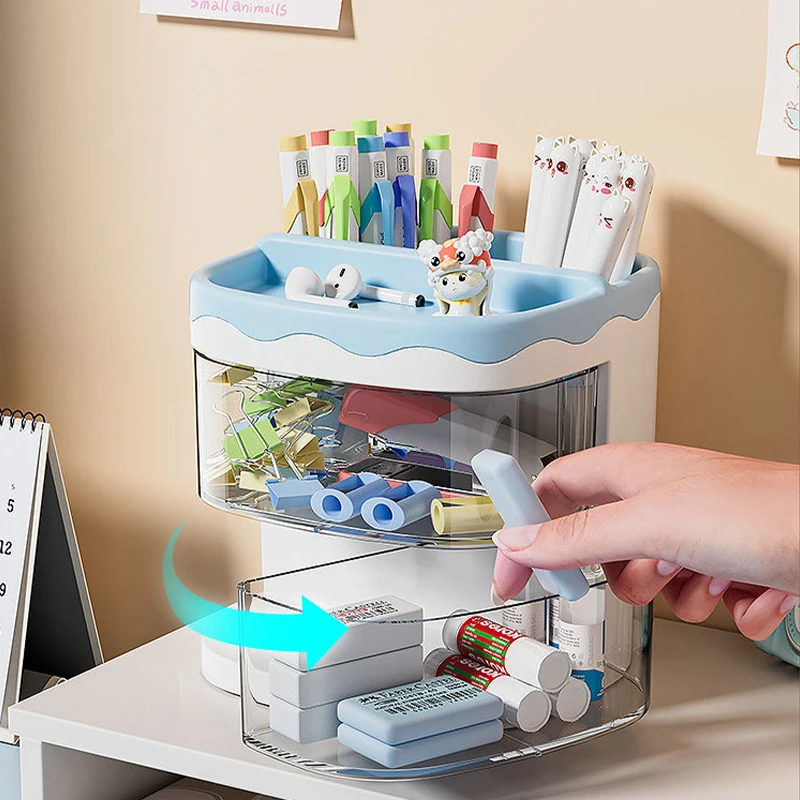 Practical Double Layers Rotating Pencils Storage Rack Multi-Functional Desk Organizer Pen Holder Student Cosmetics Storage Shelf