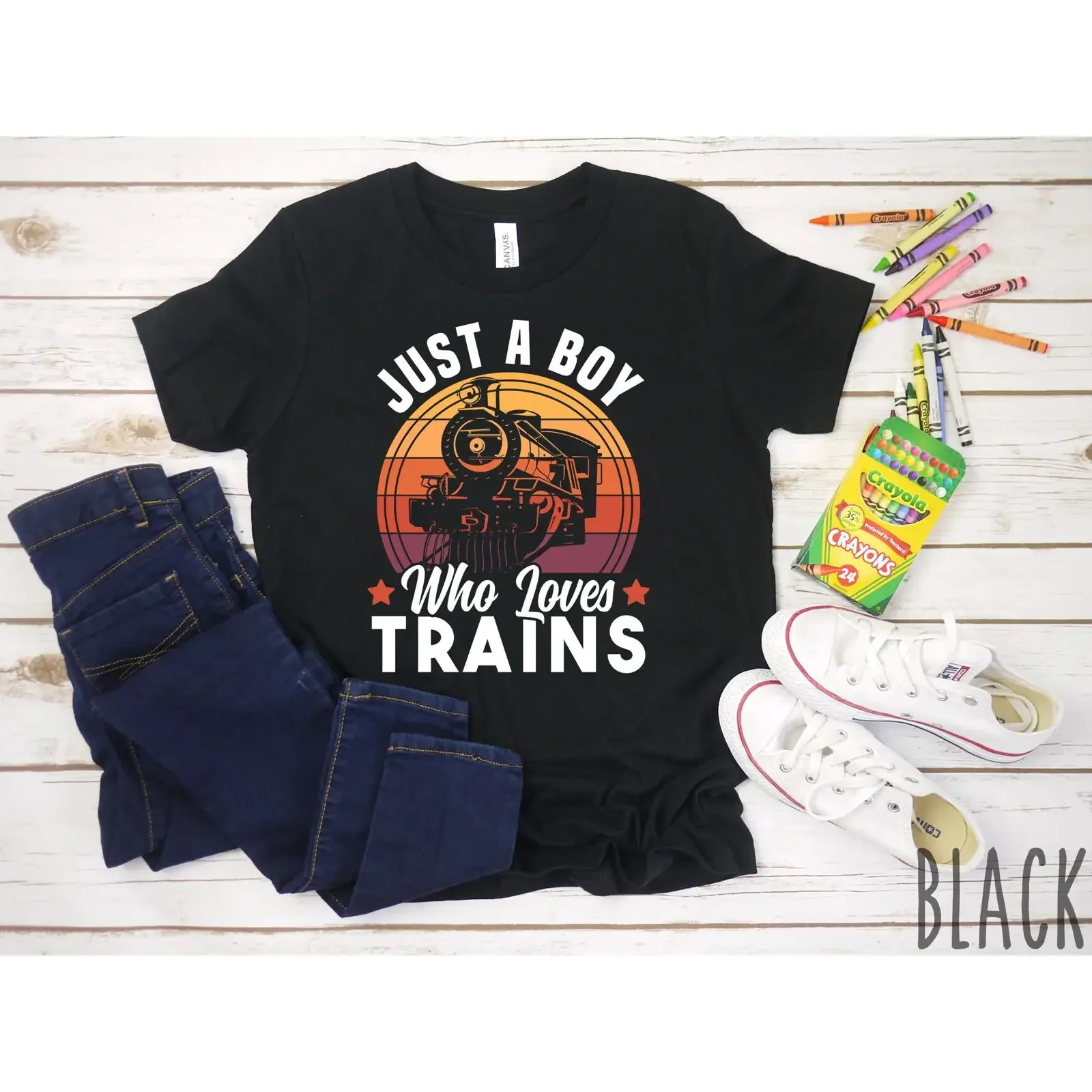 Just A Boy Who Loves Trains T Shirt Vintage Retro Locomotive Kids Boys Train Lover  vintage Washed homme Top For Everyday Wear