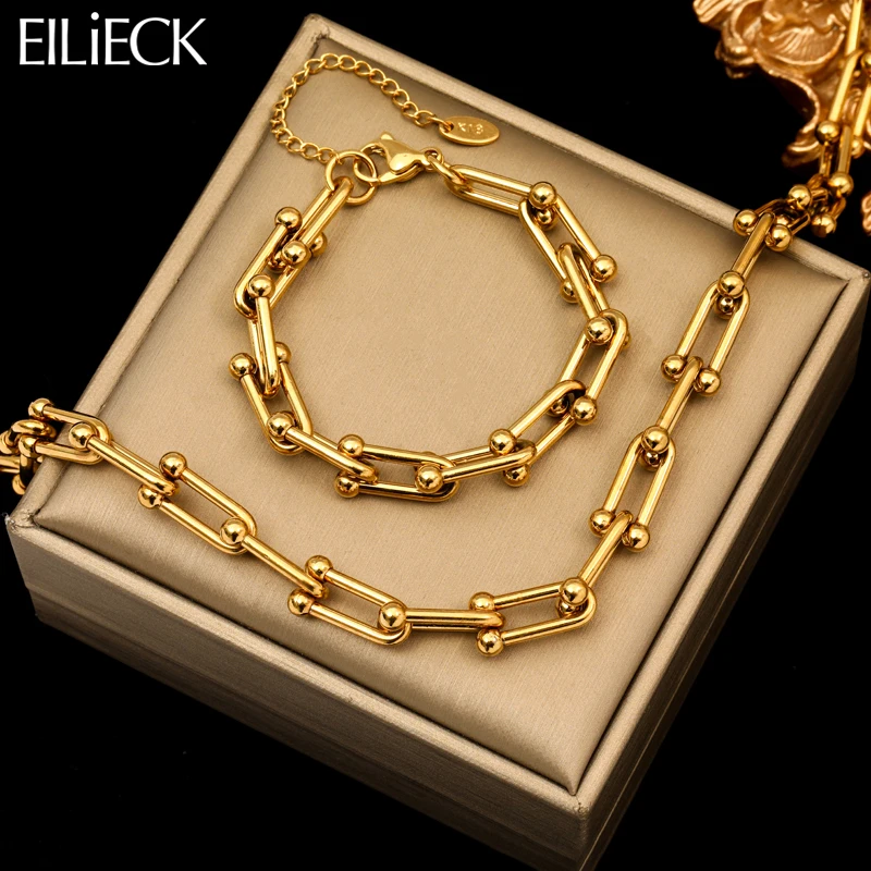 EILIECK 316L Stainless Steel Gold Color Thick Chain Necklace Bracelet For Women Girl New Fashion Waterproof Jewelry Set Gift