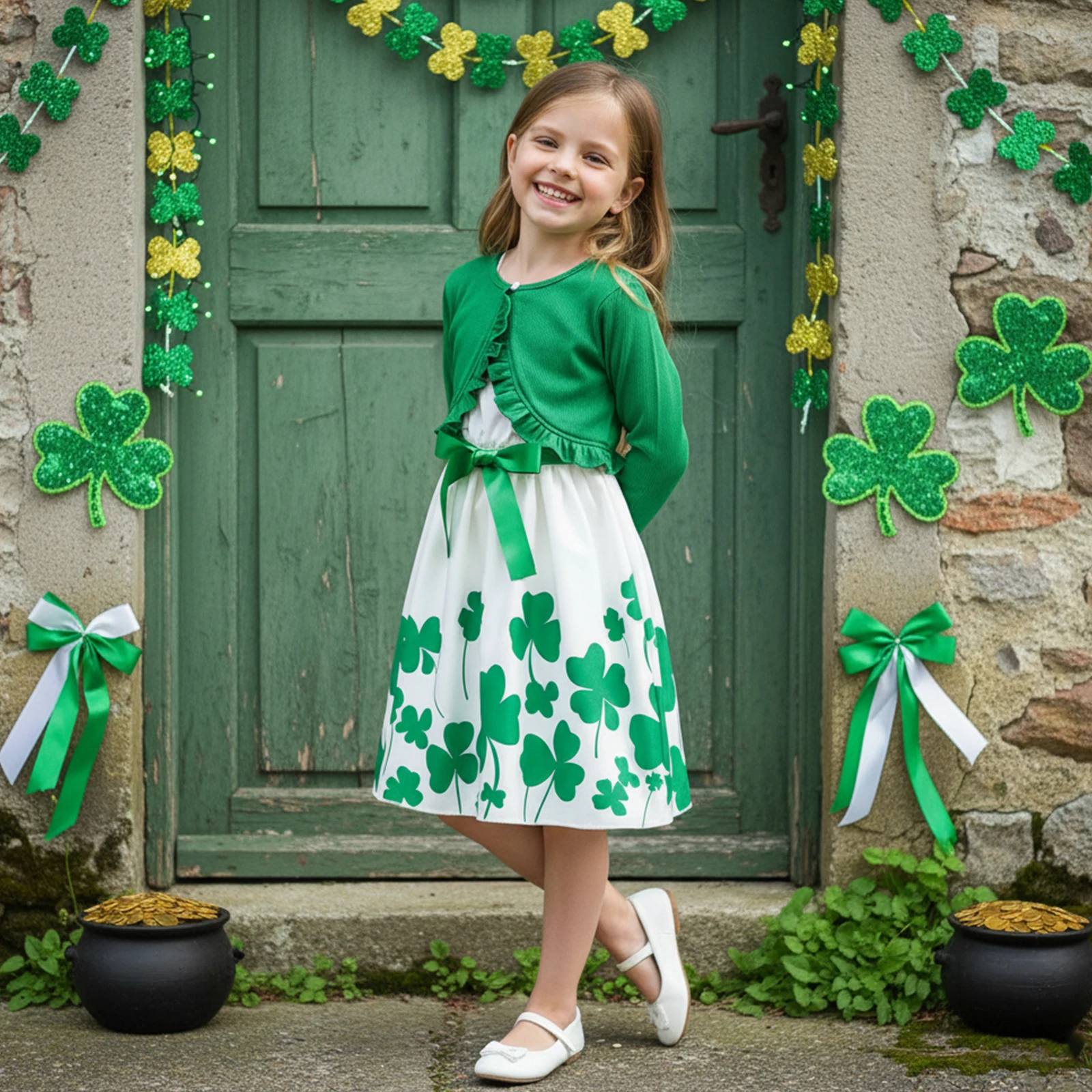 3-10Y Baby Girls 2Pcs Irish Outfits Sleeveless Shamrock Print Dress Long Sleeve Cardigan Set St. Patrick's Day Clothes