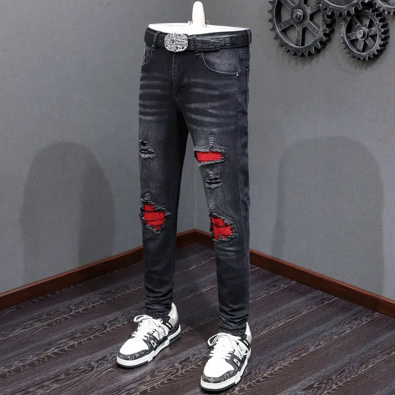 

Designer High Street Fashion New Men's Jeans Washed Nostalgic Stretch Slimming Red Patch Patch Black Jeans Hip Hop Brand Splicin