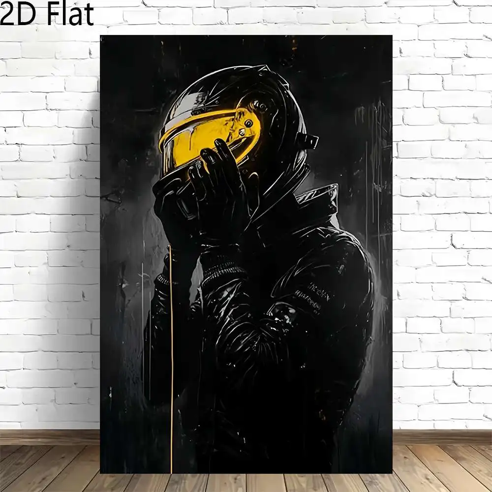 2D Flat, 1pc, Person in Black Motorcycle Gear with Yellow Visor Frameless Canvas Artwork for Home and Office Wall Art Decor,