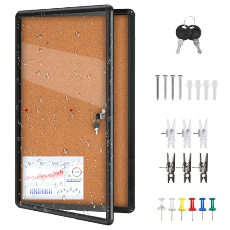 

36"x24" Enclosed Cork Bulletin Board Tamper-Proof Dispaly CaseBrown FabricandBlack Aluminium Frame Shatter Resistant Lockable B
