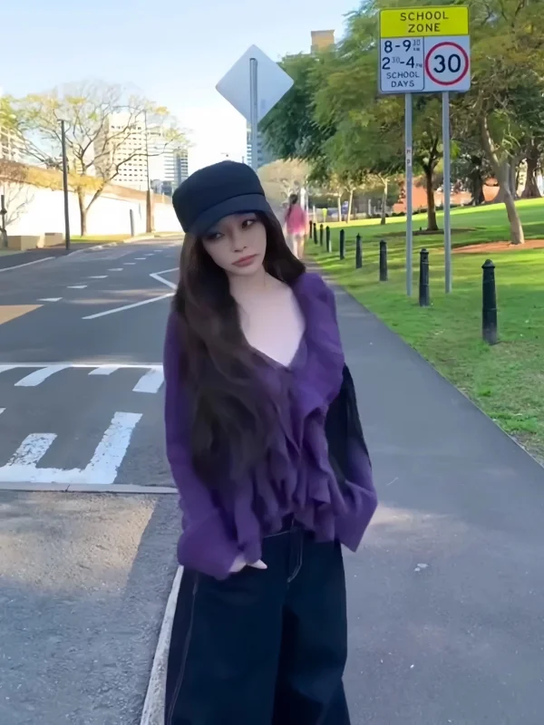 

Женский комплект больших размеров: фиолетовый вязаный кардиган с кружевной отделкой и топ, облегающий модный ансамбль для осени