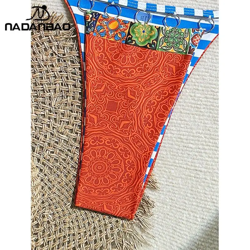 Nadanbao Sexy Print Schnür-Bikini, 2-teiliges Set, Bikini, modisch, V-Ausschnitt, Dreieck, Tanga, Bademode, Strand, lässiger Badeanzug, Sommer