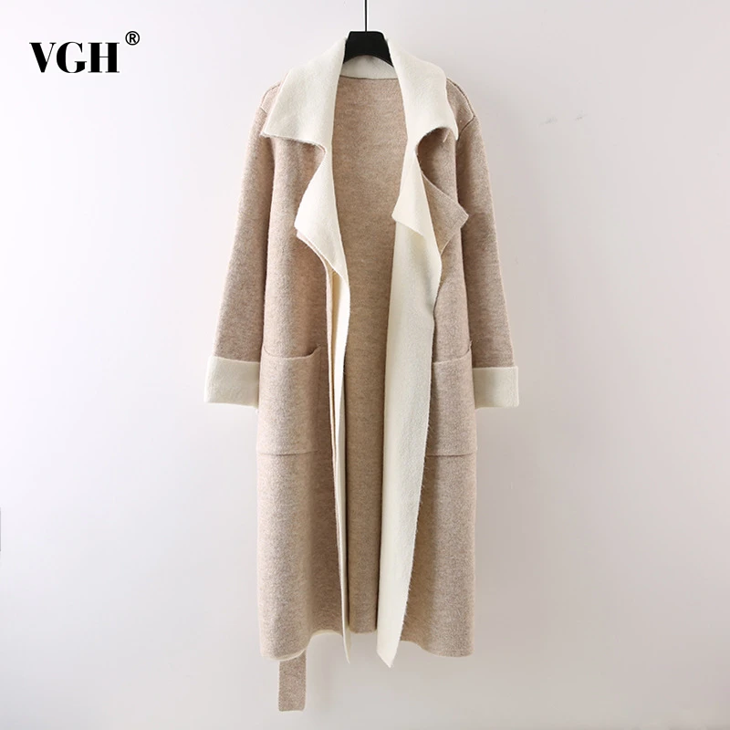 VGH Hit Color Sweater Cardigan for Women Lapel Long Sleeve Spliced Pockets Loose Windbreaker with Lace Up Female Winter Clothes