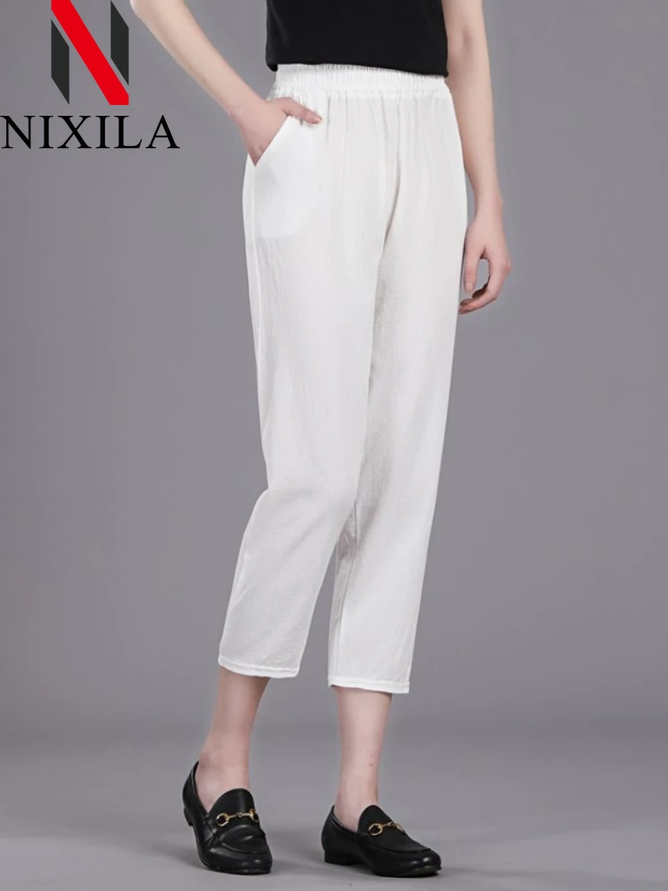 

New in Summer Cotton Pants Women Casual Solid High Waist Baggy Loose White Ankle-Length Sweatpants Harem Pants Women Streetwear