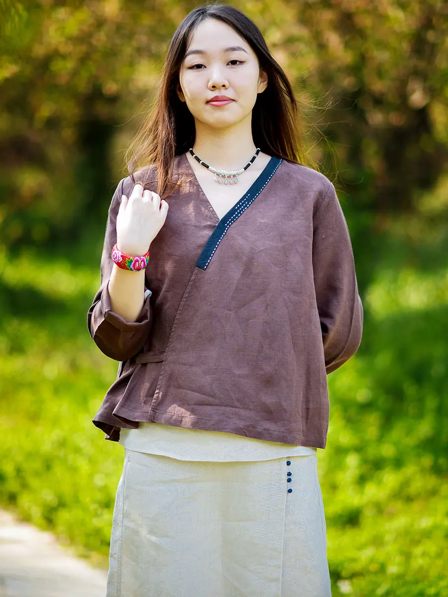 

Новая женская льняная рубашка-жакет в китайском стиле для весны и осени, свободного кроя, с наклонными воротниками, в стиле ретро, для повседневной носки, с V-образным вырезом, длинная...