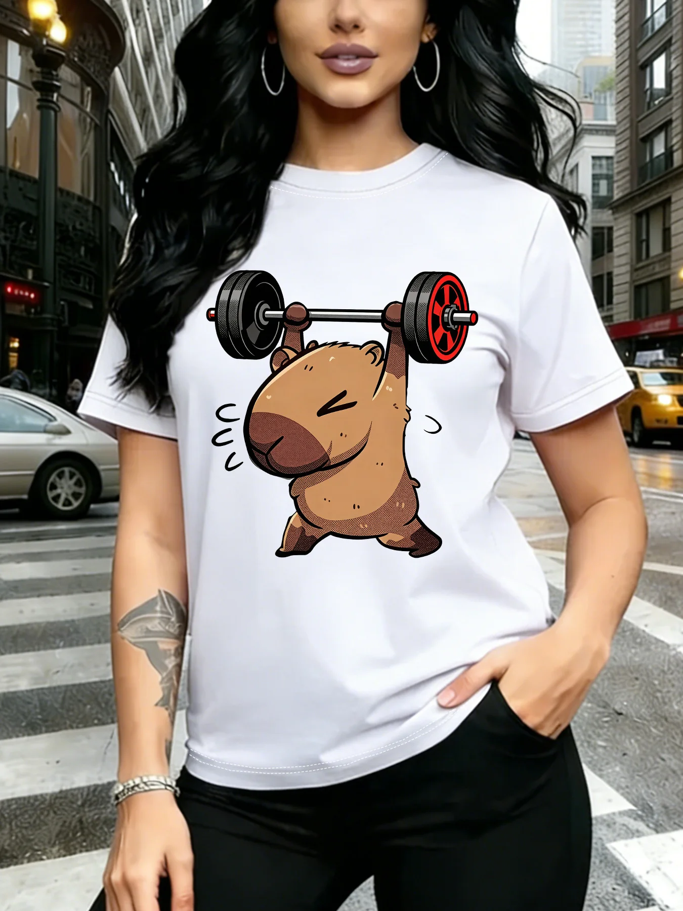 Cute Gym Capybara Lifting Barbell Weight Training Kawaii Art Print Graphic Ladies T Shirt Short Sleeve Crew Neck Casual Tee Tops