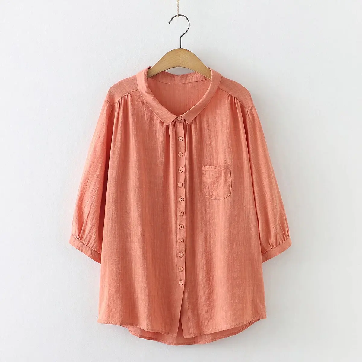 New Spring Cotton Solid Loose Shirt Women Lapel 3/4 Sleeve Casual Top Girl Fashion Basic Commute Blouses 2024 Summer T45452QC