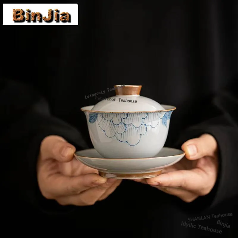 160ml Hand-painted Peony Gaiwan Aesthetic Three Talent Hand Grab Tea Tureen Tea Making Cover Bowl For Tea Accessories Decoration