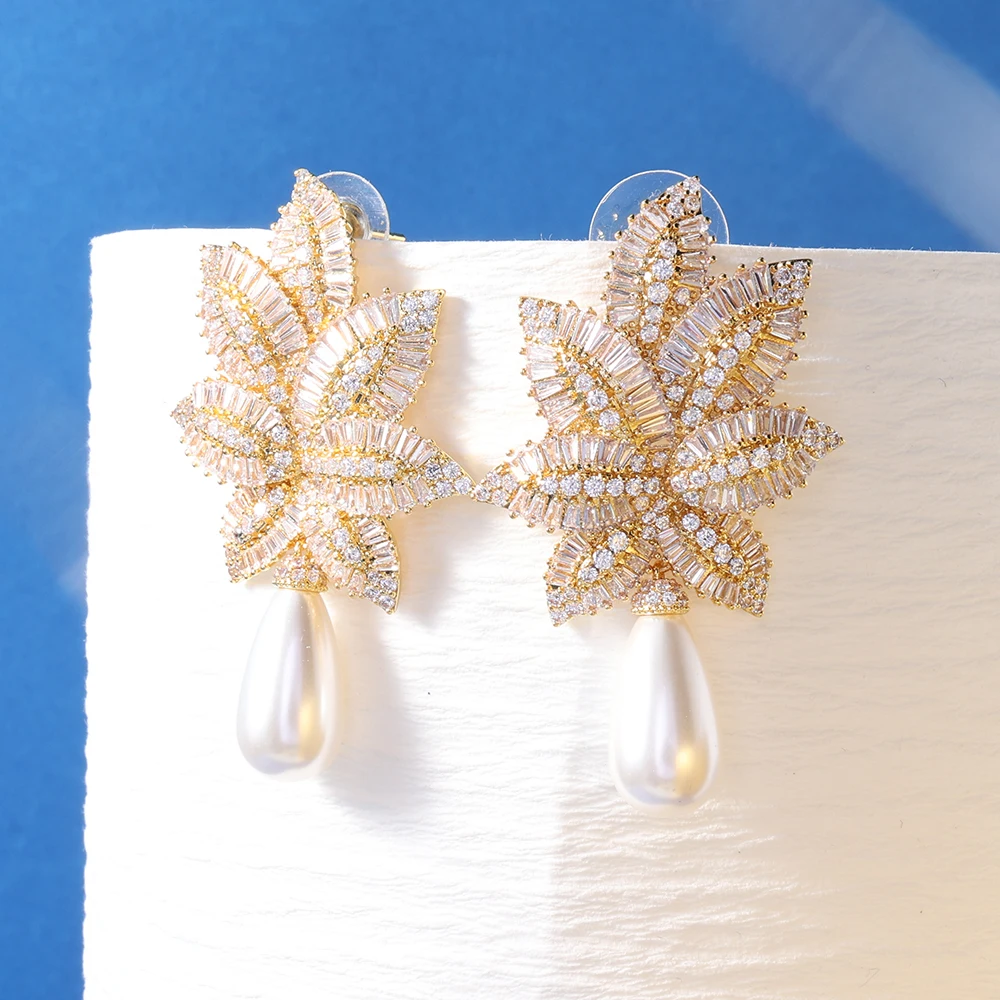 TIRIM Pearl Earrings for Women Luxury Trendy Gift Leaf Shape Cubic Zircon Banquet Nigeria Jewelry  Earrings Accessories