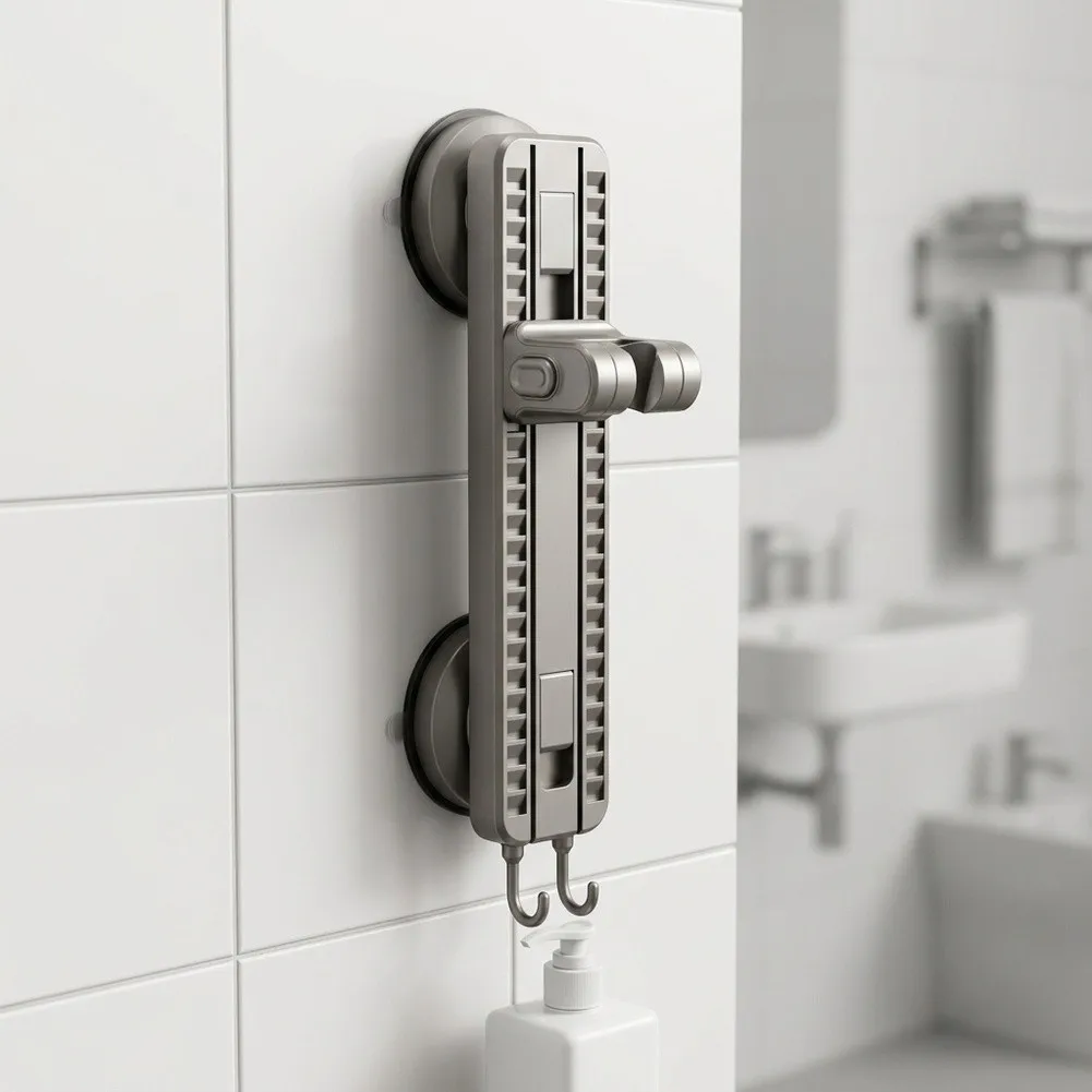 Non-Invasive Shower Head Support with Dual Vacuum Suction Cups and Precision Height Tuning from Fully Retracted to Extended