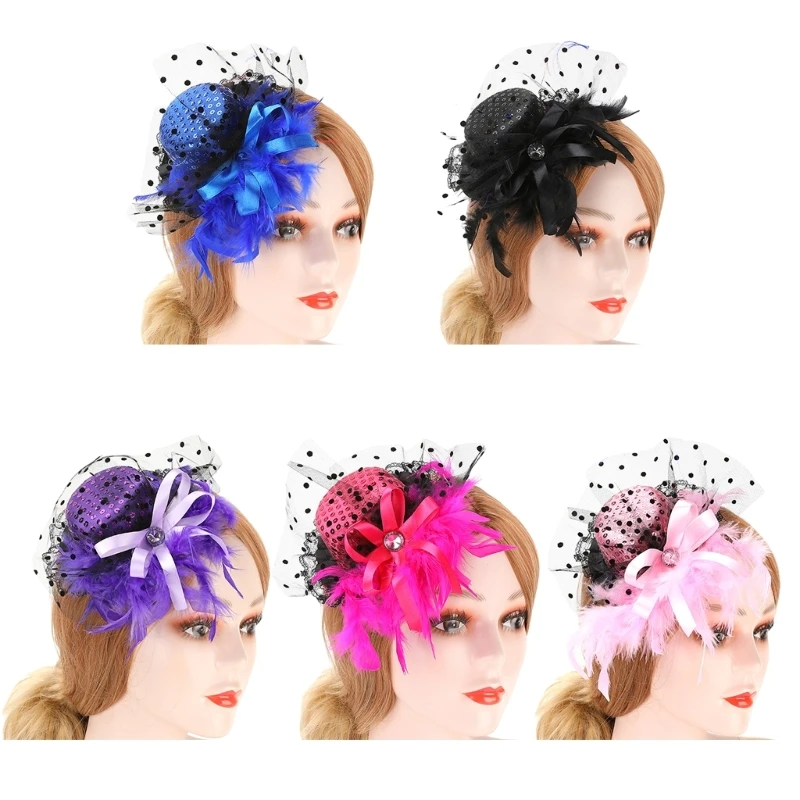 Hot New 1 Pc Girls Fascinator Hats Headband Women\'s Feather Flower Brides Hair Accessories Wedding 5 Colors High Quality