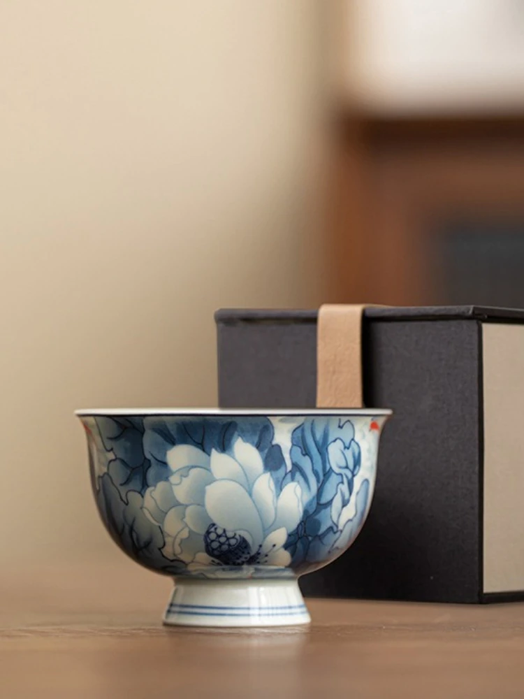 Vintage Underglaze Red Blue Master Tea Bowl Personal‑use Kung Fu Tasting Cup Handcrafted Tea Ware For Home Tabletop Tea Ceremony