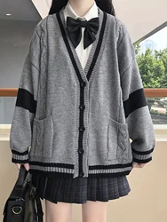 Black and gray color blocked knitted cardigan-elegant V-neck loose casual sweater,autumn and winter women's fashionable clothing