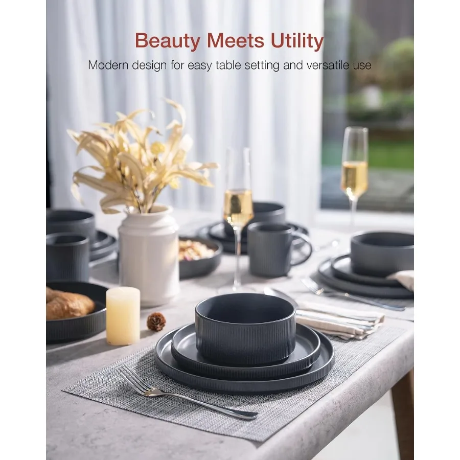 Star Dinnerware Sets Plates and Bowls Set for 4 12 Pieces Ribbed Dishes Chip and Scratch Resistant Microwave and Dishwasher Saf