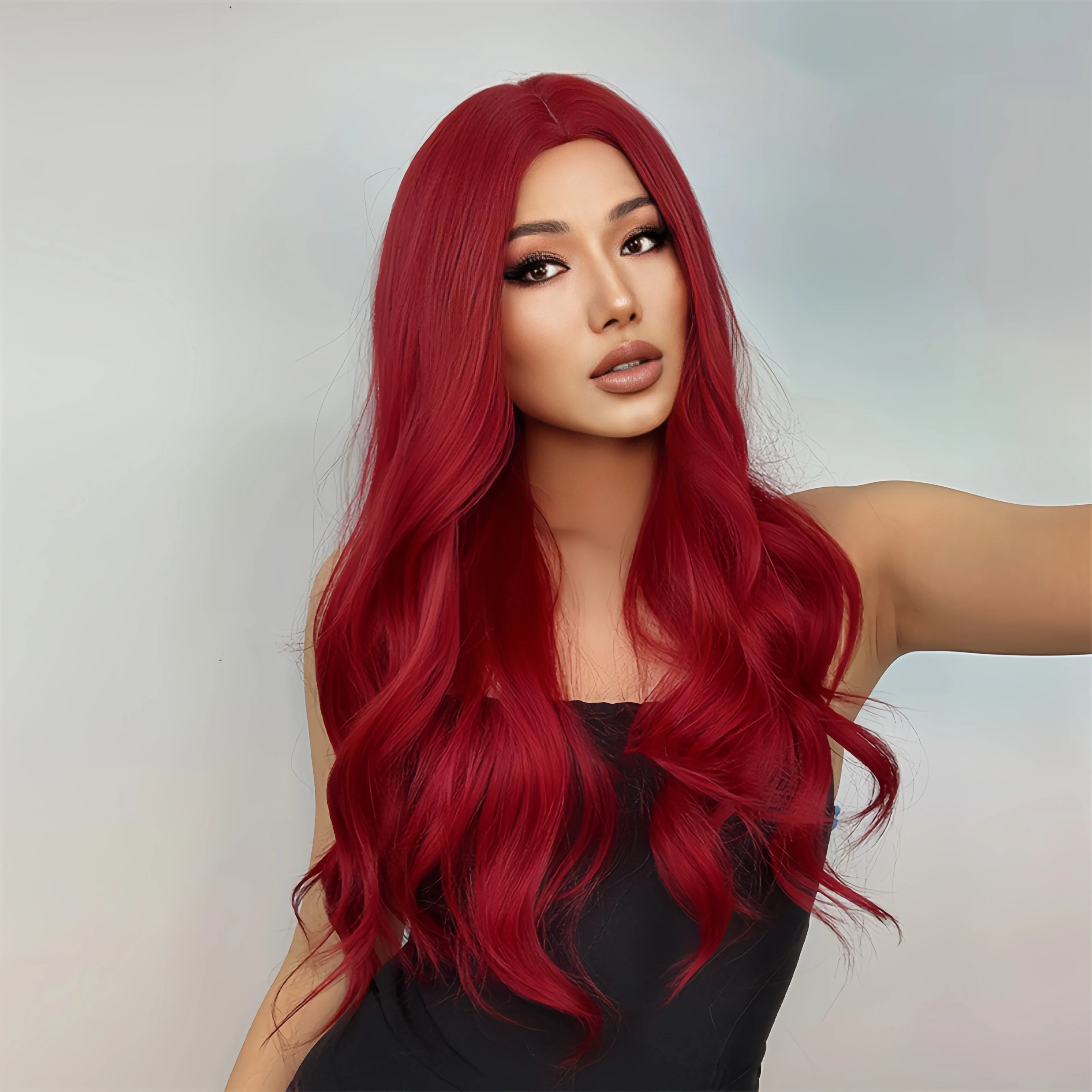 Red synthetic wig girl with parted long curly hair for party cosplay in daily life with high-temperature synthetic hair wig image 5