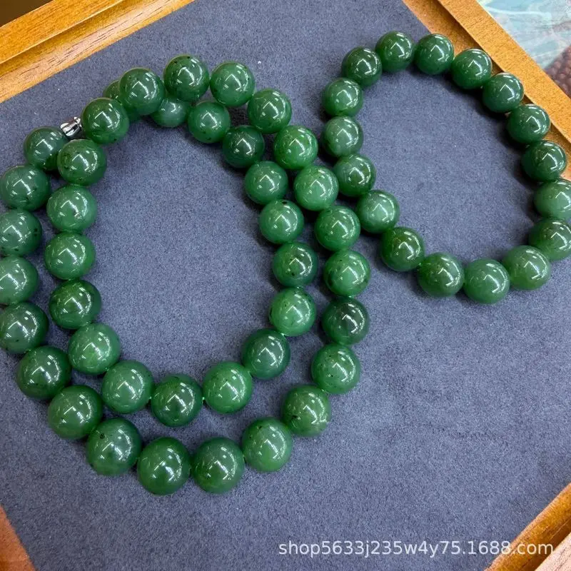 Hetian Jade 12Mm Necklace And 12Mm Bracelet Set, Spinach Green With A Few Black Spots