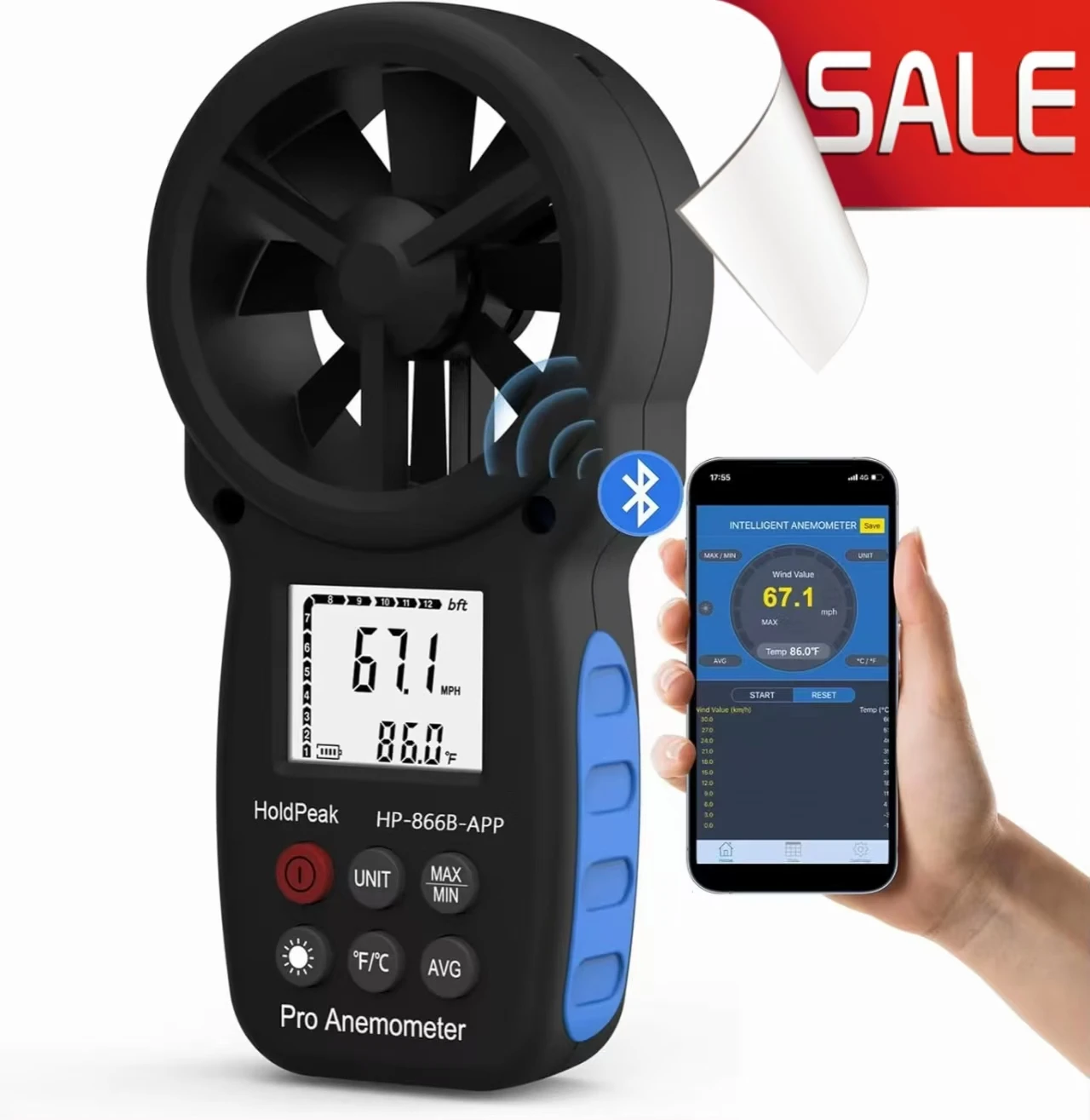 

HoldPeak 866B-APP Bluetooth Handheld Anemometer - Digital Wind Speed, Air Flow & Temperature Meter - For HVAC, Outdoor, Sailing