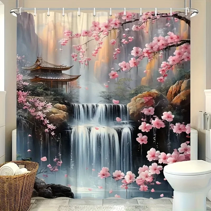 

1 шт., занавеска для душа с цветочным принтом в виде горного водопада и вишни с 12 крючками - полиэфирная ткань, которую можно стирать в машине, Serene Land