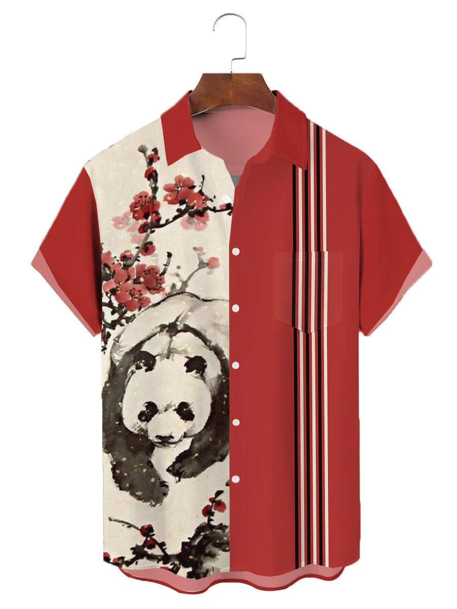 2024 new high quality ancient style giant panda shirt men's holiday casual lapel shirt best seller men's Chinese style shirt