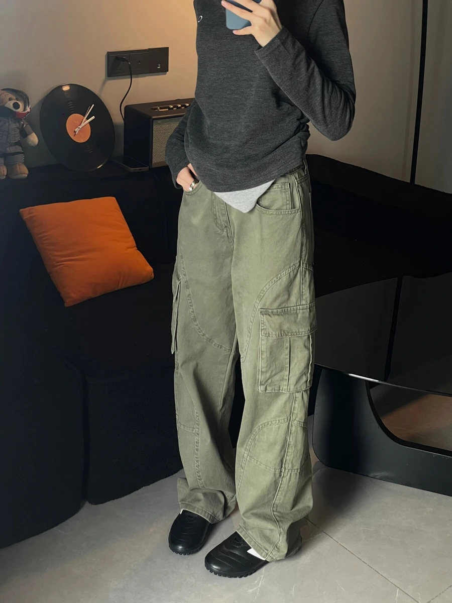 بنطلونات عمل عسكرية خضراء كبيرة الحجم من American High Street للنساء فضفاضة وواسعة الساق جينز غير رسمي بخصر عالٍ وقصة مستقيمة