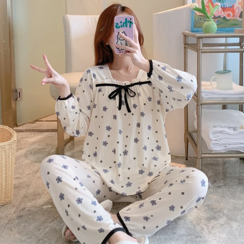 

Spring Aautumn Pajamas For Women 2 Piece Set Outfit Long Sleeve Top Trousers Sets Korean Fashion Home Clothes Princess Sleepwear