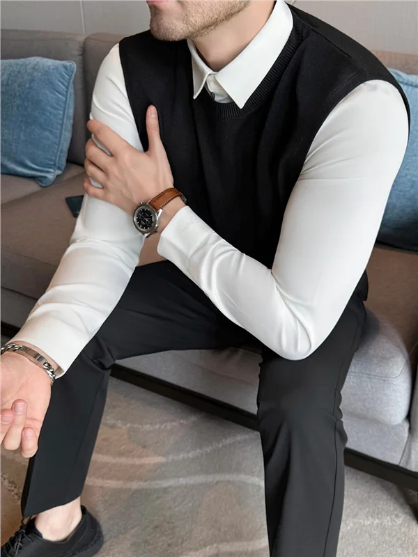 

High Quali Anti-Pilling Long Sve Knitted irt Collar Sweater Men's Busin Slim Fit Fce Lined Two-Piece Autumn Winter