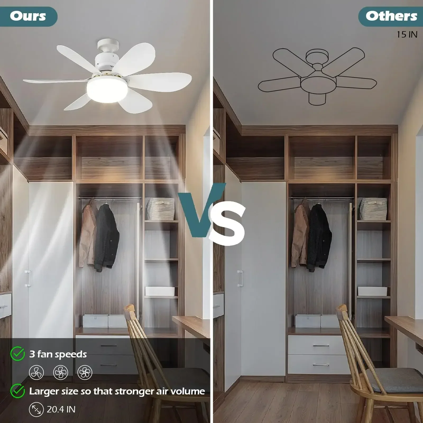 20.5-inch 40W ceiling fan with remote control LED light fan E27 base, intelligent silent ceiling fan for bedroom and living room