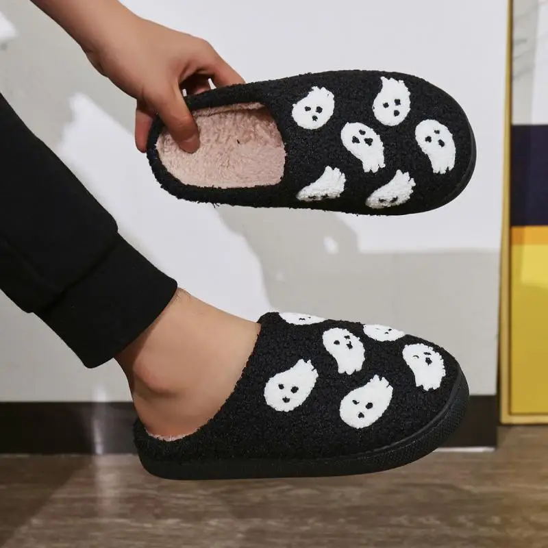 Halloween Funny Casual Fluffy Slippers Women House Flats Cute Cartoon Designer Winter Shoes Girls Fashion Footwear Large Size