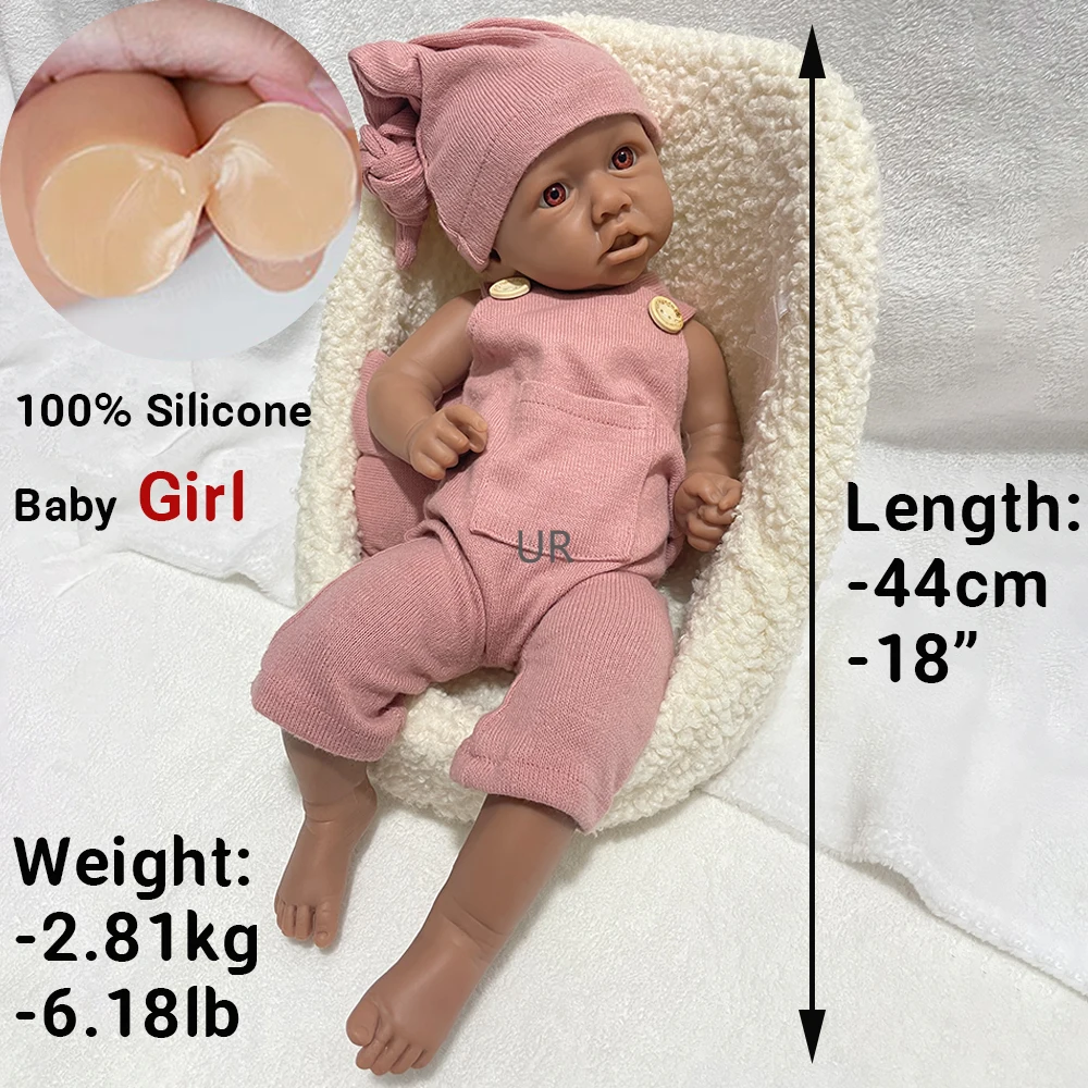 18'' Full Soft Silicone Reborn Baby Doll Weighted Washable Black Skin Newborn Girl Soild Lifelike Bebe Infants Christmas Gift