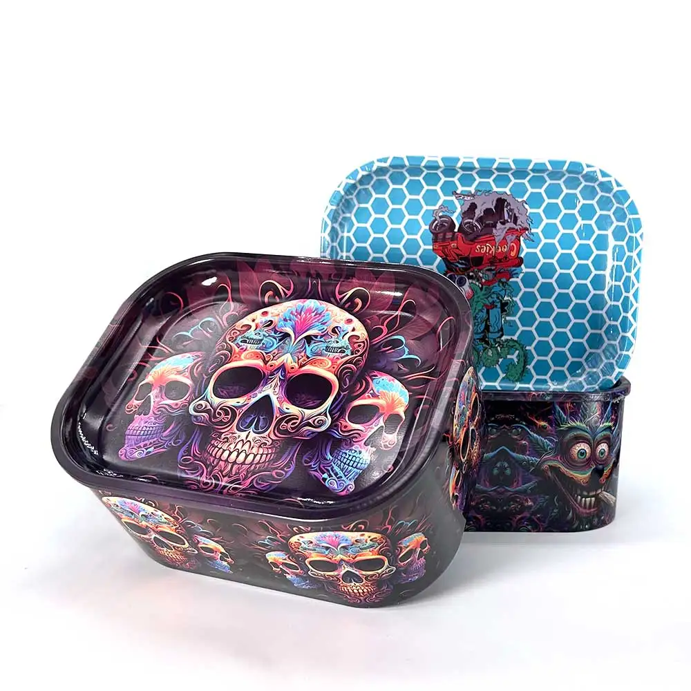 Large Capacity Metal Tobacco Herbal Herb Storage Case Box with Cover Skull Pattern Print Random Send