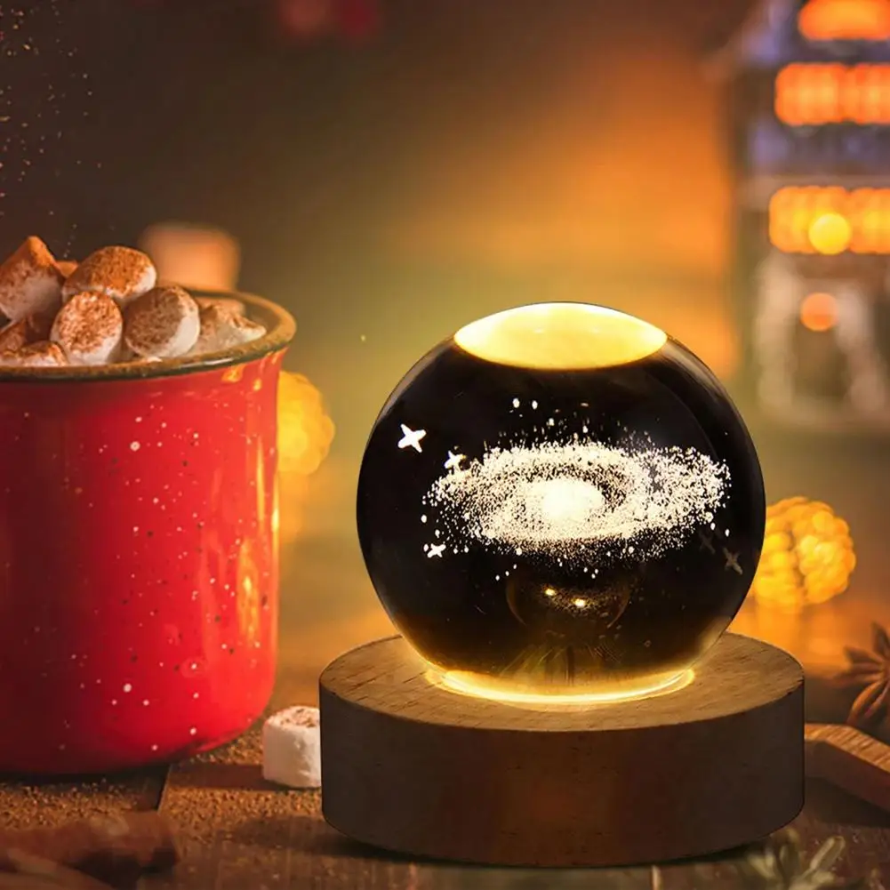 Faux Crystal Ball Night Light With Wooden Base 3D Engraved Solar System Planet Globe Sphere Bedside LED Lamp Desktop Decoration