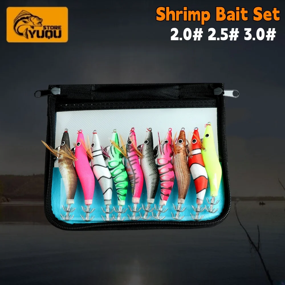 

10PCS/1 Set 7.2g 11g 14g Luminous Wood Shrimp Lure Squid Jig Fishing Hooks Tackle Cuttlefish Octopus Wooden Shrimp Hard Bait
