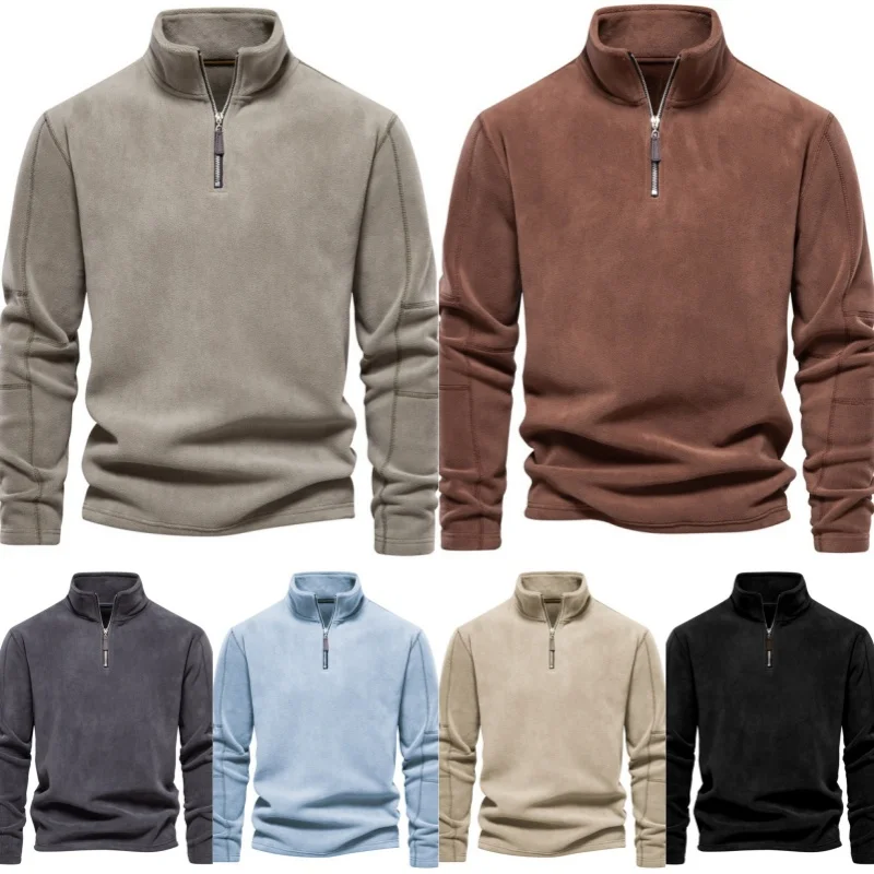 

Men's Autumn and Winter New Stand Collar Half Zip Long-Sleeved Sweater Cross-Border Trend Casual Solid Color Polar Fleece Top