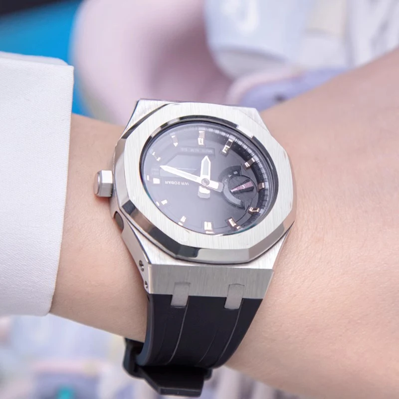 Mod kit For Casio GMA-S2100 Modified Accessories Fluororubber Strap Brushed Steel Case send Tempered film