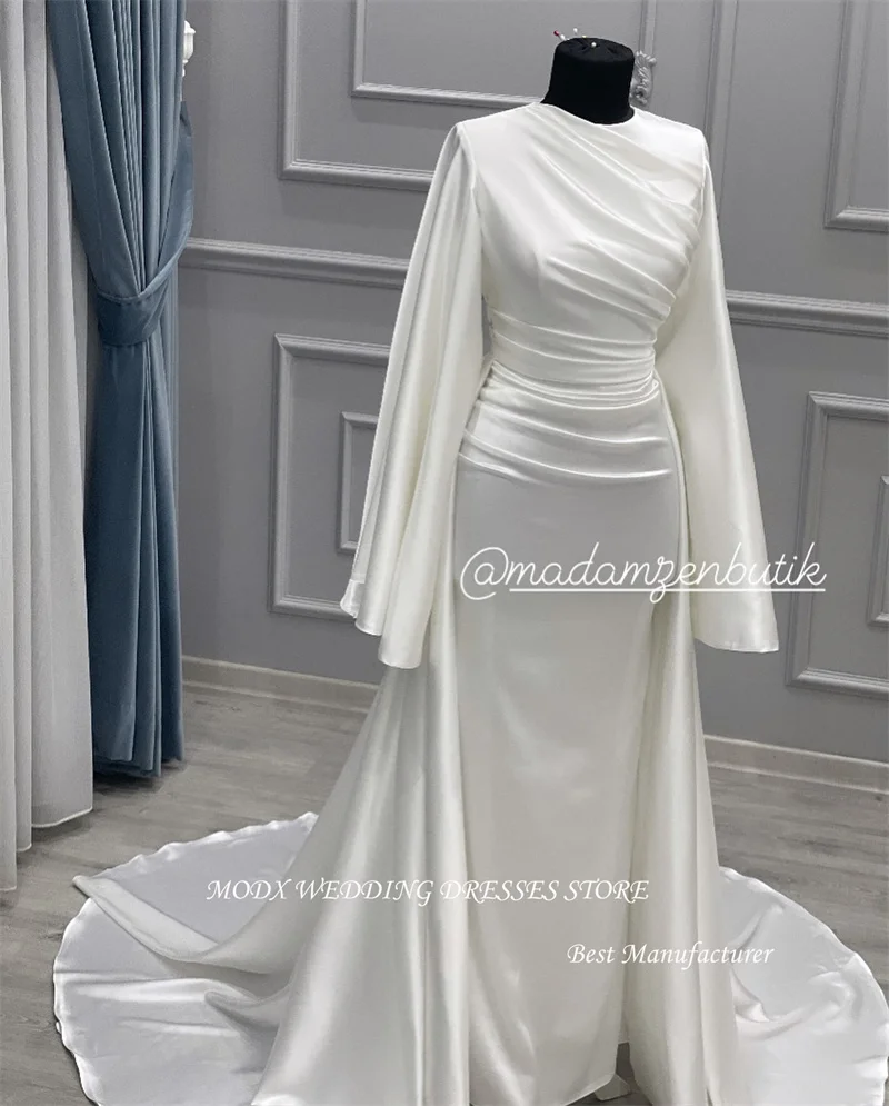 MODX Modest Elfenbein Seide Satin Meerjungfrau Brautkleider Oansatz Puff Lange Ärmel Falten Dubai Arabisch Frauen Brautkleider Angepasst