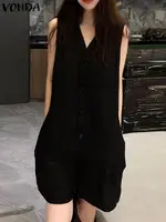 2025 VONDA Women Summer Short Jumpsuits Sexy Sleeveless Rompers Casual Loose Fashion V Neck Pockets Solid Playsuits Overalls - Image 2