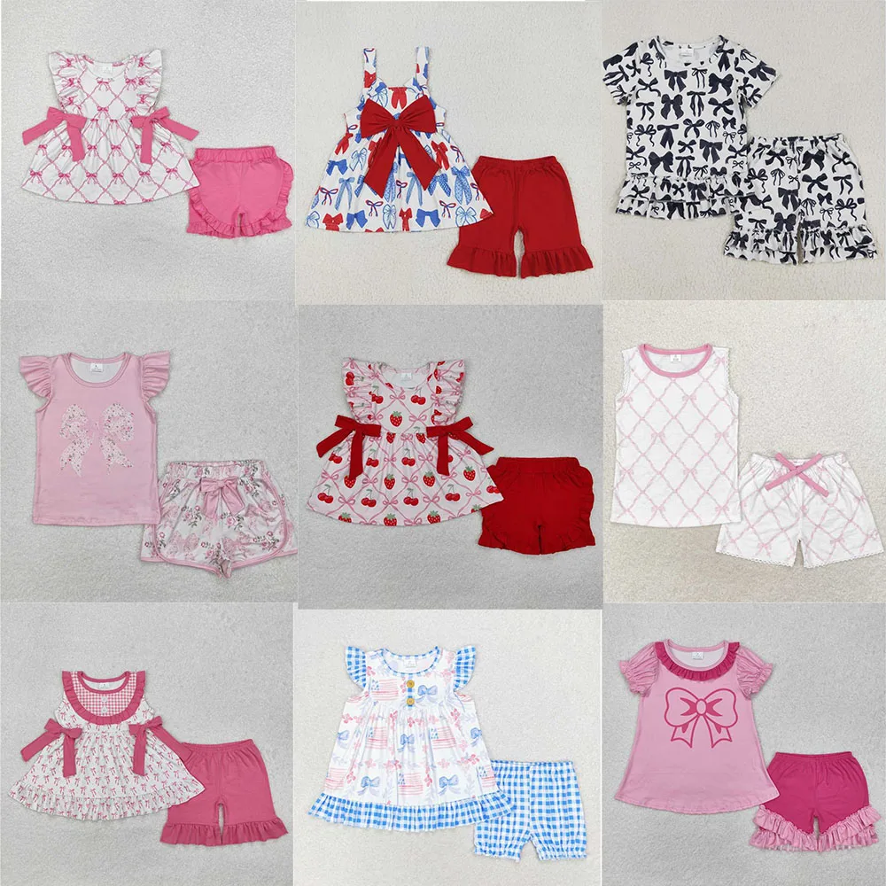 

New hot sale rts infant girls summer suits wholesale boutique rose red bow pattern sleeveless girls fashion clothing toddler
