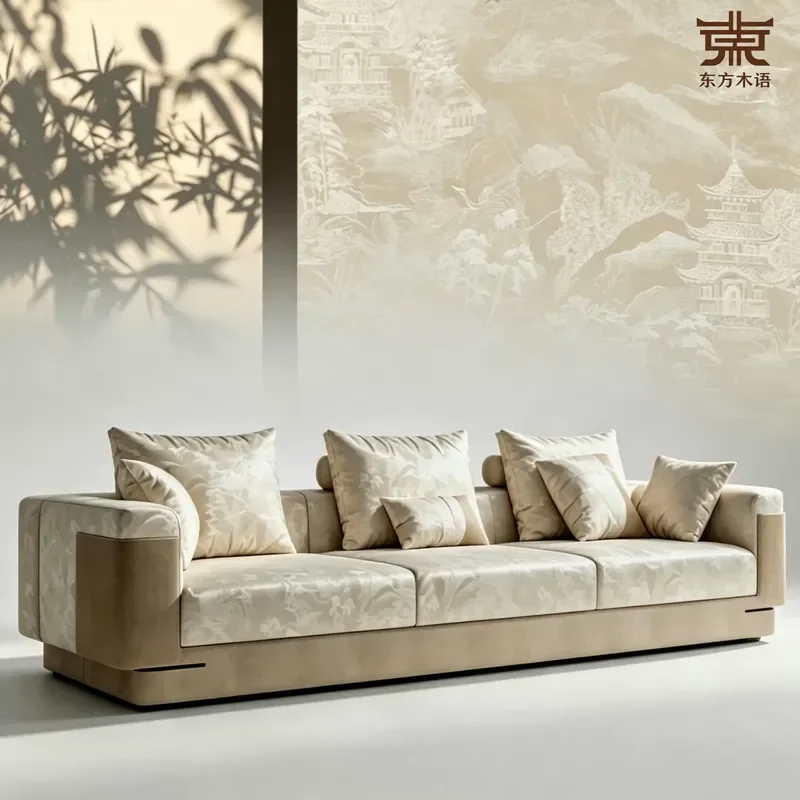 New Chinese Style Solid Wood Straight Row Sofa 2026 Oriental Song Aesthetic Light Luxury Modern Minimalist Living Room