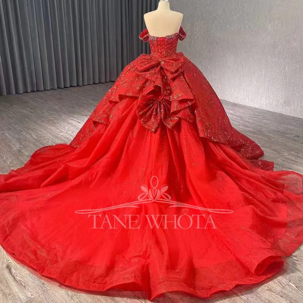 Красное настраиваемое вечернее платье с открытыми плечами, на шнуровке сзади, украшенное бисером и кристаллами, с блестками и бантом, Vestido De Noche