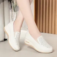 4.5cm Breathable Comfortable Shallow Cutout Soft Leather Shoes Women Loafers 2025 Summer Platform Wedges Shoes for Office Mom