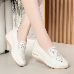 4.5cm Breathable Comfortable Shallow Cutout Soft Leather Shoes Women Loafers 2024 Summer Platform Wedges Shoes for Office Mom