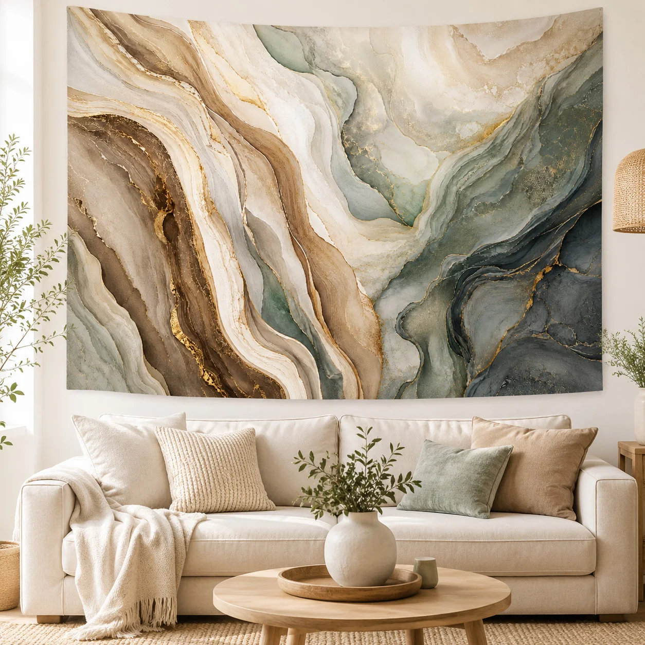 Gold Agate Marble Tapestry Abstract Wave Wall Hanging Neutral Bedroom Living Room Decor
