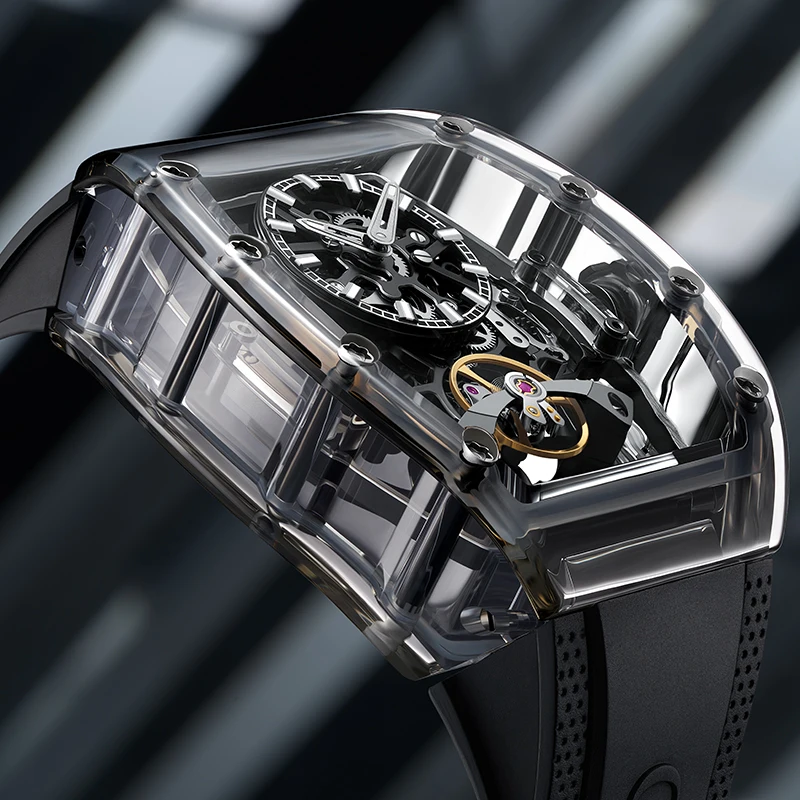 BONEST GATTI 2026 New Tonneau Crystal Case Skeleton Men's Mechanical Watch Rubber Strap Light Luxury Luminous Men's Watch Reloj