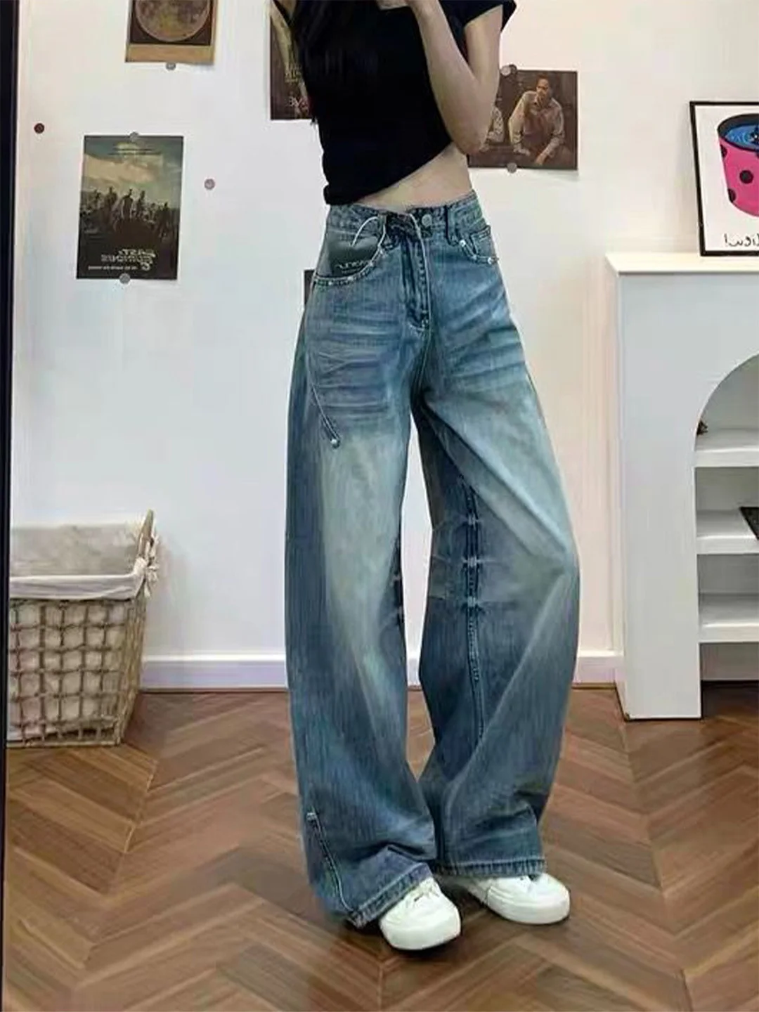 

Summer 2026 Women's Slim Fit Denim Jeans Low Waist Wide Leg Pants Hand Washed Embroidery Loose American Style Jeans