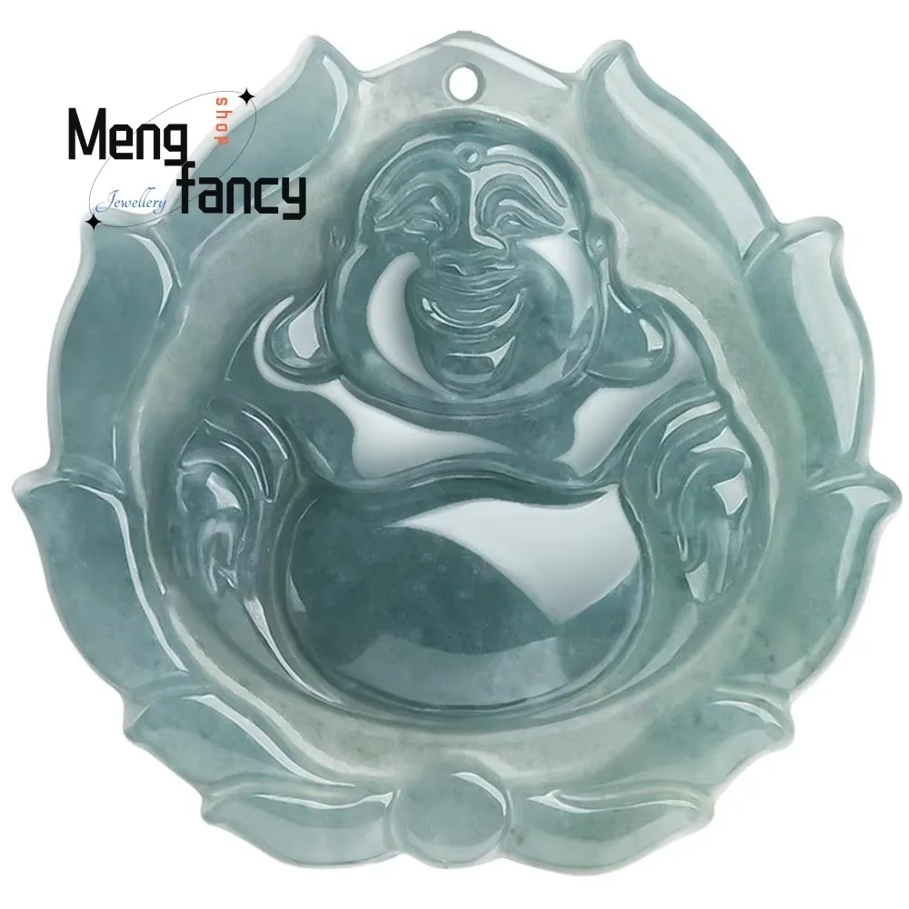 Natural A-goods Jadeite Blue Water With Buddha in the Heart Jade Pendant Exquisite Engraver Amulets Mascots Fashion Fine Jewelry